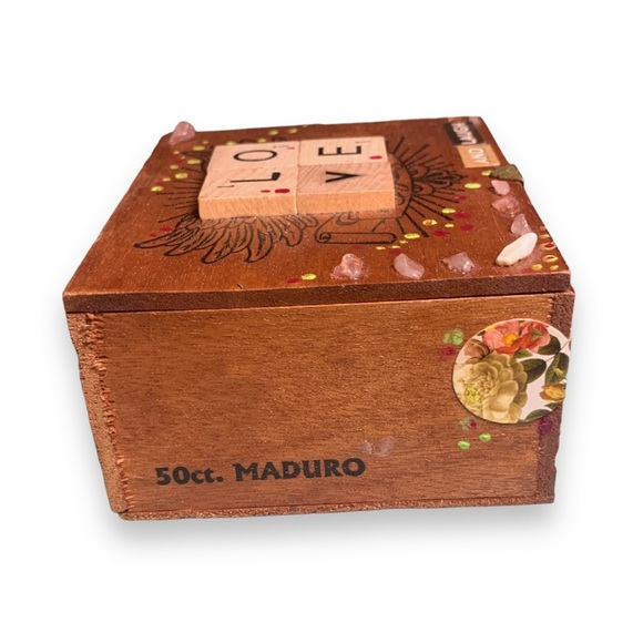 Handmade Upcycled Wooden Stash Box Organizer Rose Quartz Crystal Brass Closure - Picture 10 of 16